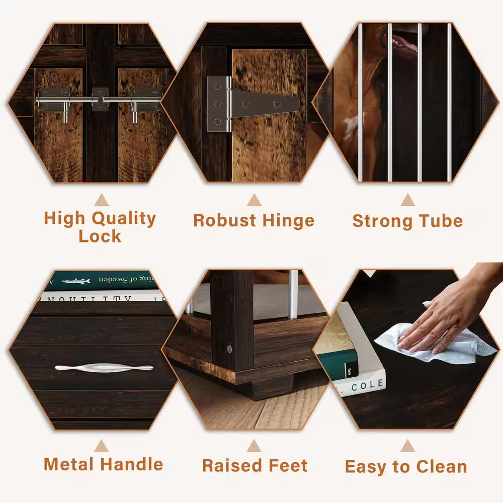 Modern Large Dog Kennel Furniture with 2-Drawers, Indestructible Dog Pens with Removable Irons for Dogs, Dark Tiger Skin