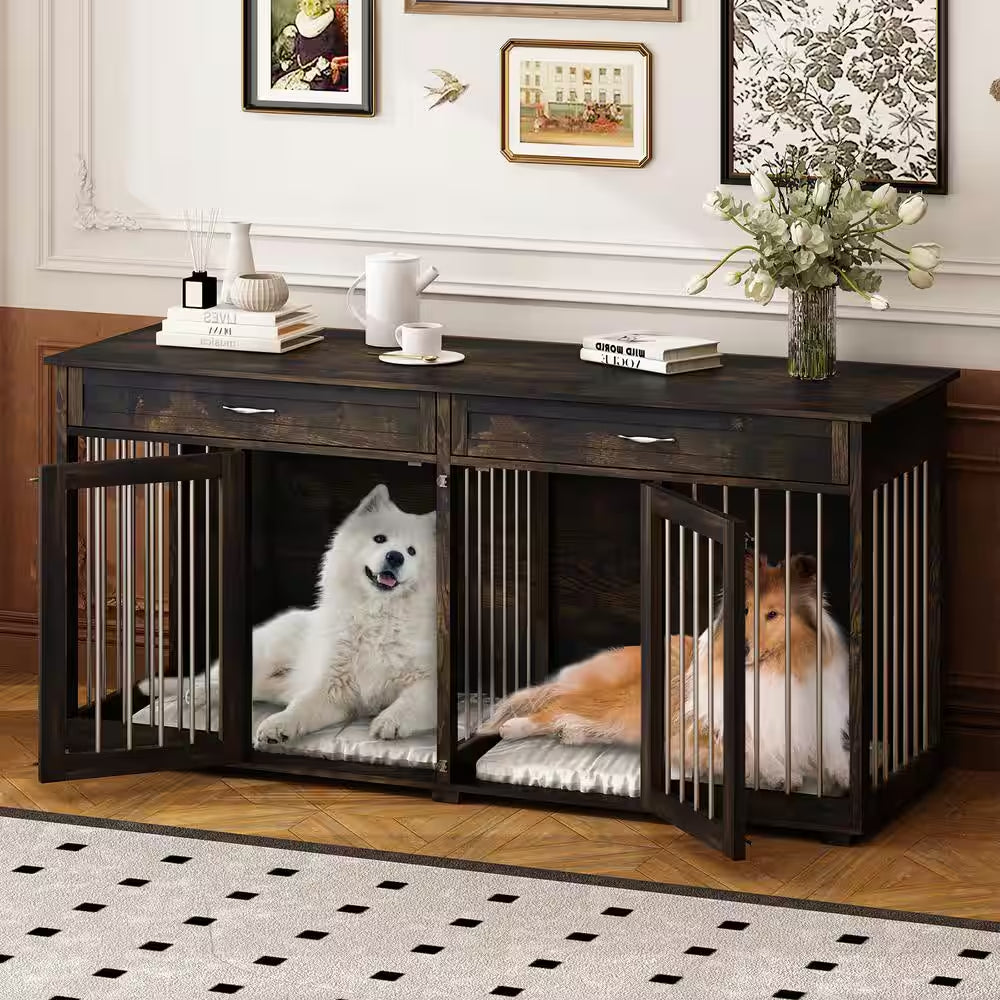 Modern Large Dog Kennel Furniture with 2-Drawers, Indestructible Dog Pens with Removable Irons for Dogs, Dark Tiger Skin