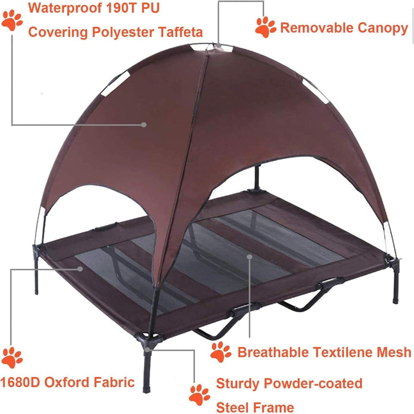 Elevated Dog Bed with Removable Canopy W/Convenient Carrying Bag Indoor Shade 1680D Portable Raised Oxford Fabric Outdoor Cooling Dog Cot Cat Bed Pet Tent for Camping (30", Brown)