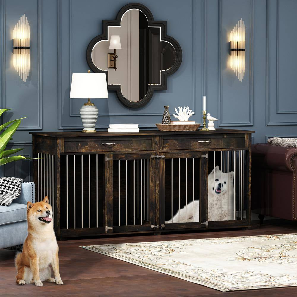 Modern Large Dog Kennel Furniture with 2-Drawers, Indestructible Dog Pens with Removable Irons for Dogs, Dark Tiger Skin