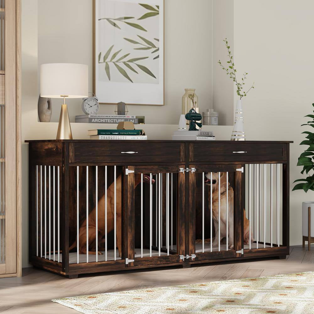 Modern Large Dog Kennel Furniture with 2-Drawers, Indestructible Dog Pens with Removable Irons for Dogs, Dark Tiger Skin