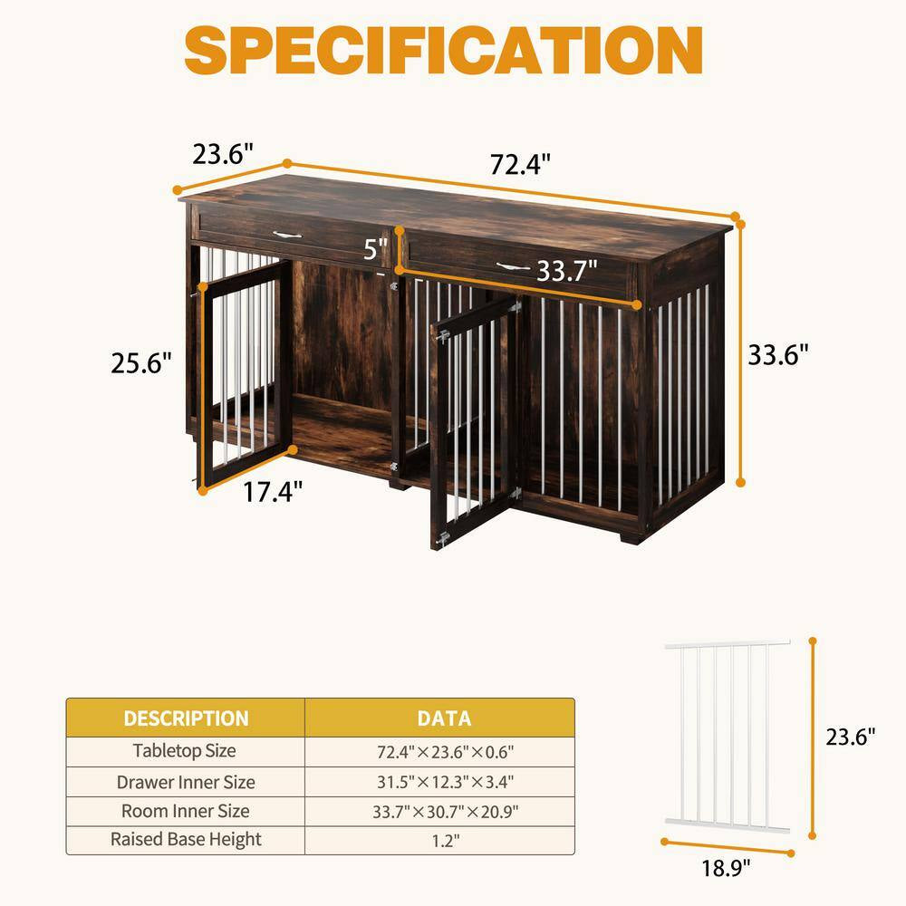 Modern Large Dog Kennel Furniture with 2-Drawers, Indestructible Dog Pens with Removable Irons for Dogs, Dark Tiger Skin