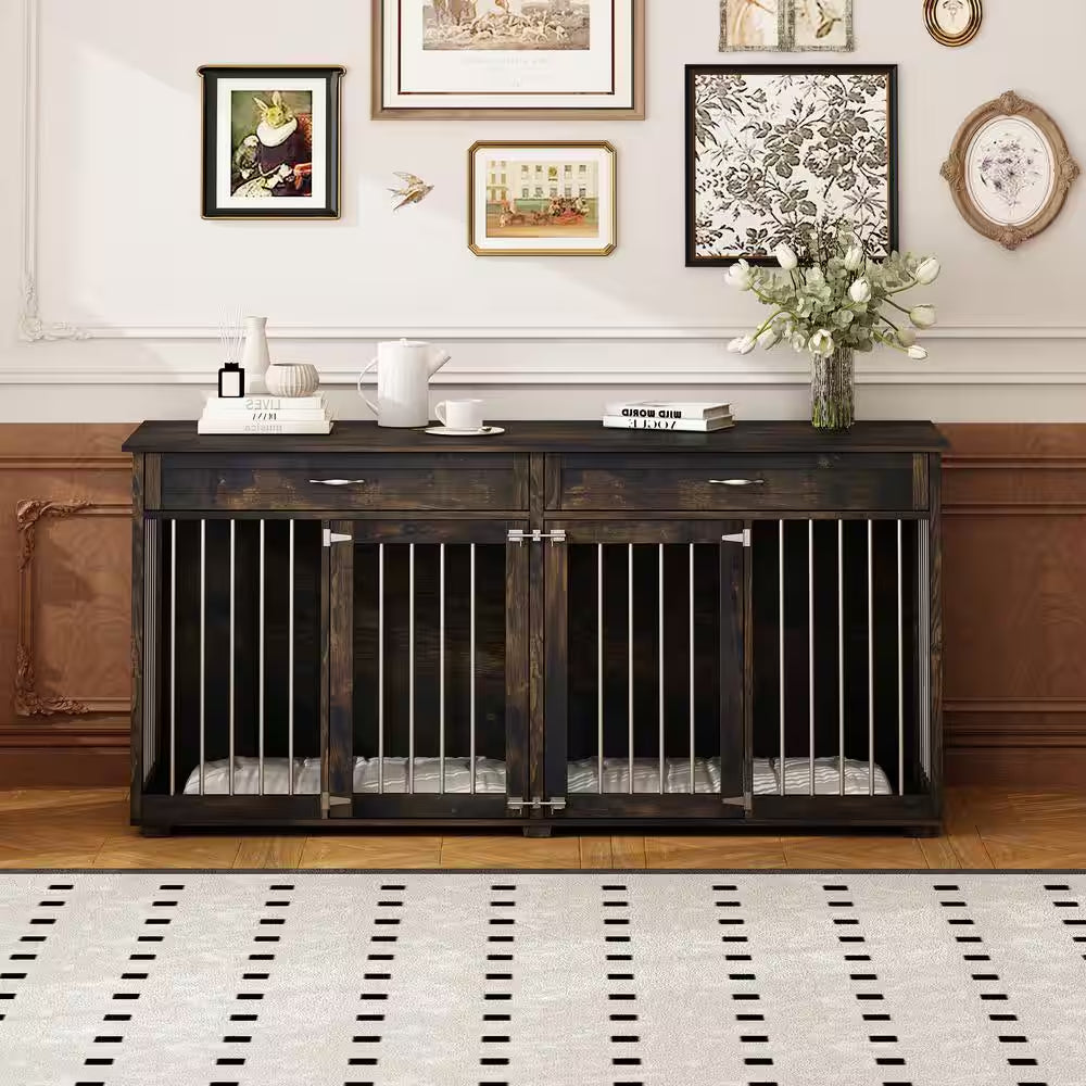 Modern Large Dog Kennel Furniture with 2-Drawers, Indestructible Dog Pens with Removable Irons for Dogs, Dark Tiger Skin