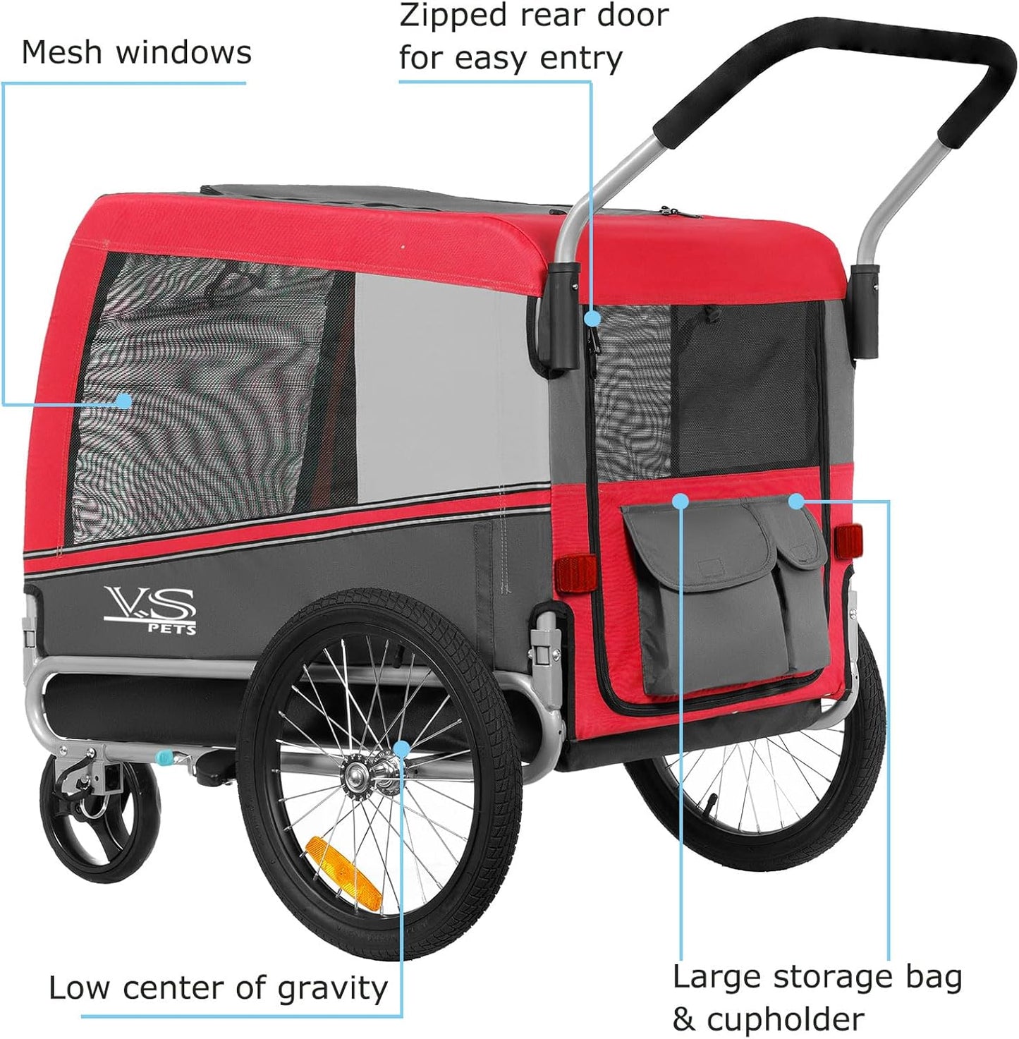 Tiggo Sports Pets Large Dog Bike Trailer & Stroller for Medium,Large Dog or Multiple Small Dogs, Pet Stroller for Dogs up to 78 Lbs, Parking Brakes, Low Center of Gravity