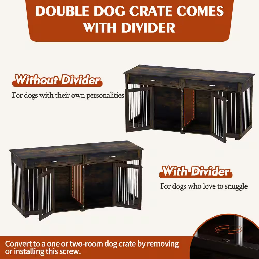 Modern Large Dog Kennel Furniture with 2-Drawers, Indestructible Dog Pens with Removable Irons for Dogs, Dark Tiger Skin