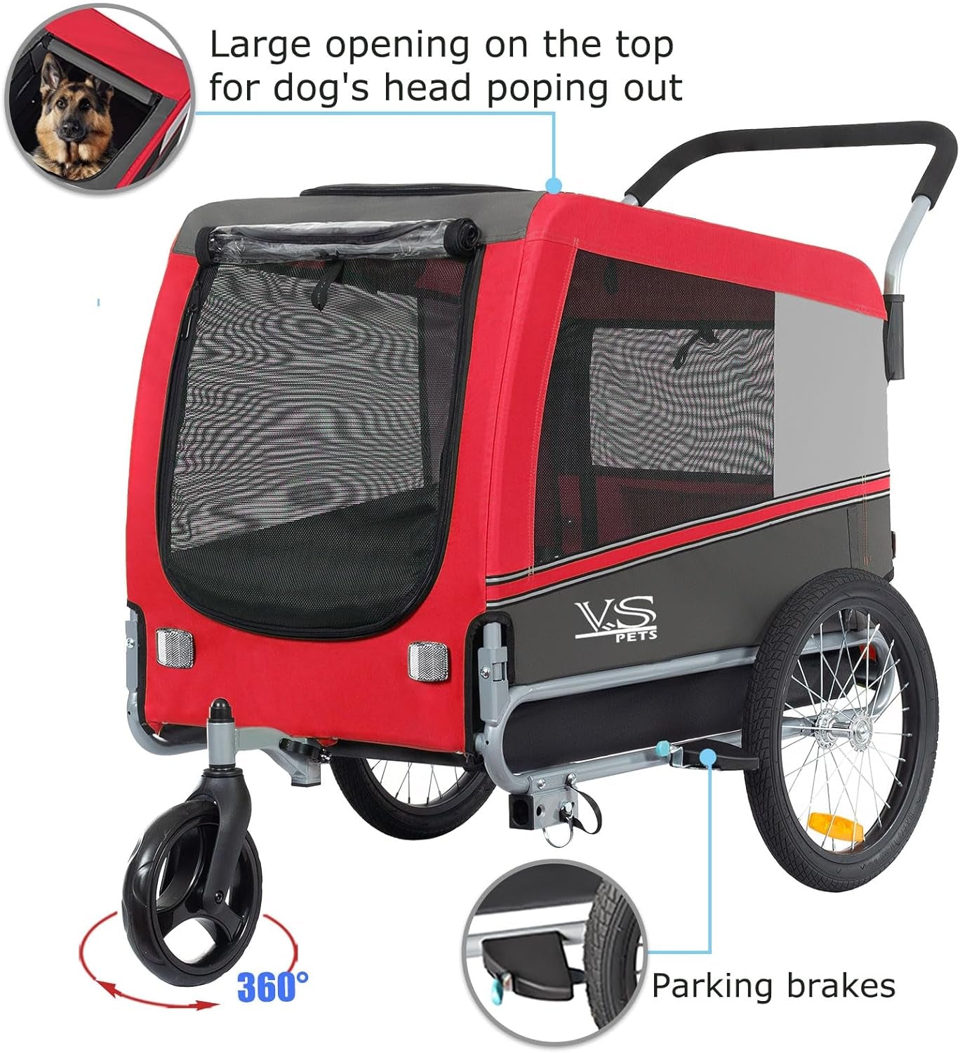 Tiggo Sports Pets Large Dog Bike Trailer & Stroller for Medium,Large Dog or Multiple Small Dogs, Pet Stroller for Dogs up to 78 Lbs, Parking Brakes, Low Center of Gravity