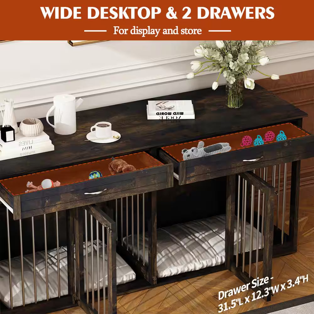 Modern Large Dog Kennel Furniture with 2-Drawers, Indestructible Dog Pens with Removable Irons for Dogs, Dark Tiger Skin