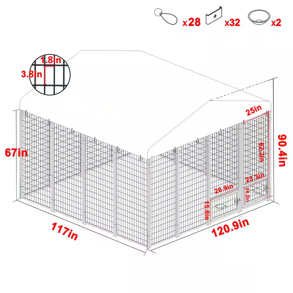 10 Ft. X 10 Ft. Dog Kennel Outdoor Dog Enclosure with Rotating Feeding Door and Polyester Cover