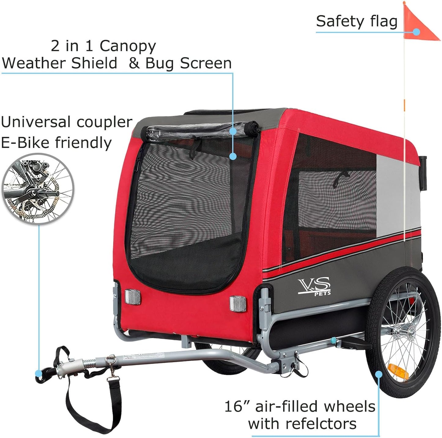 Tiggo Sports Pets Large Dog Bike Trailer & Stroller for Medium,Large Dog or Multiple Small Dogs, Pet Stroller for Dogs up to 78 Lbs, Parking Brakes, Low Center of Gravity