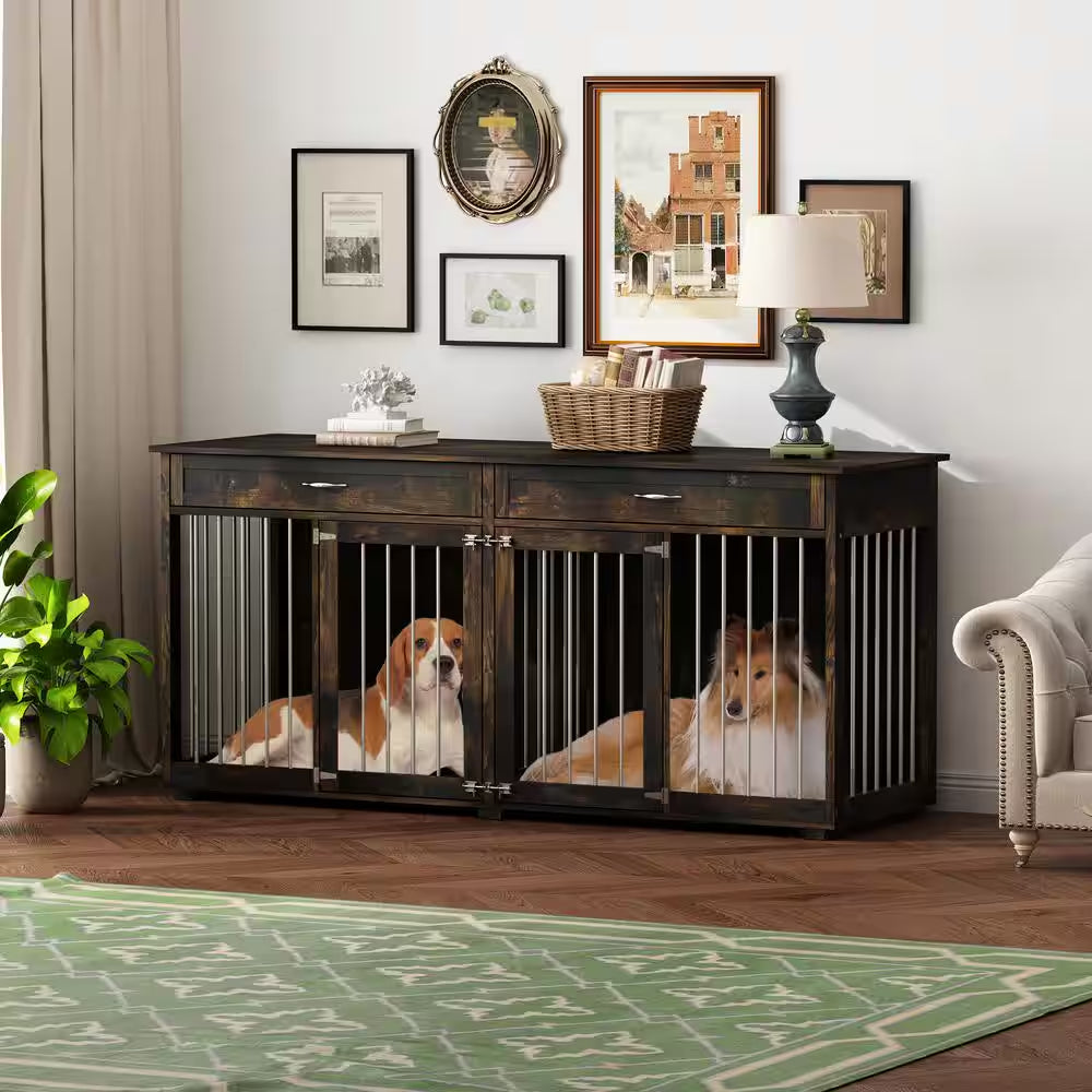 Modern Large Dog Kennel Furniture with 2-Drawers, Indestructible Dog Pens with Removable Irons for Dogs, Dark Tiger Skin