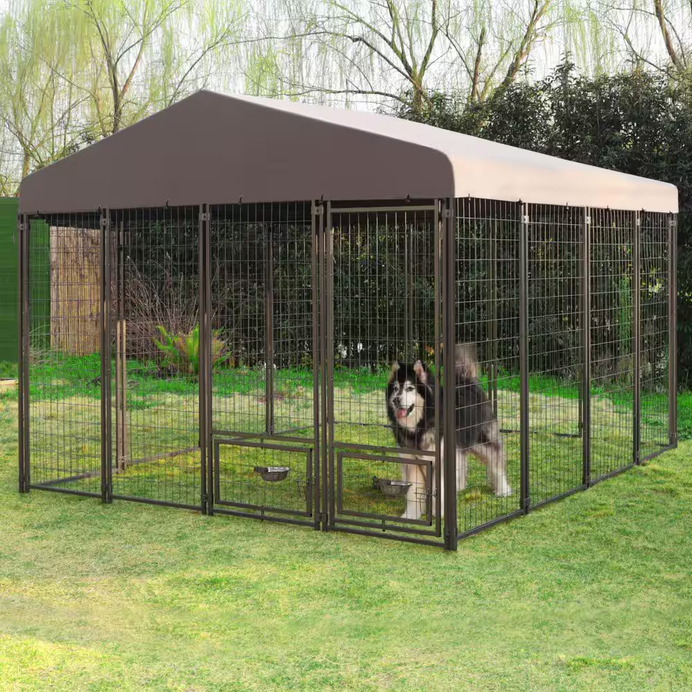 10 Ft. X 10 Ft. Dog Kennel Outdoor Dog Enclosure with Rotating Feeding Door and Polyester Cover