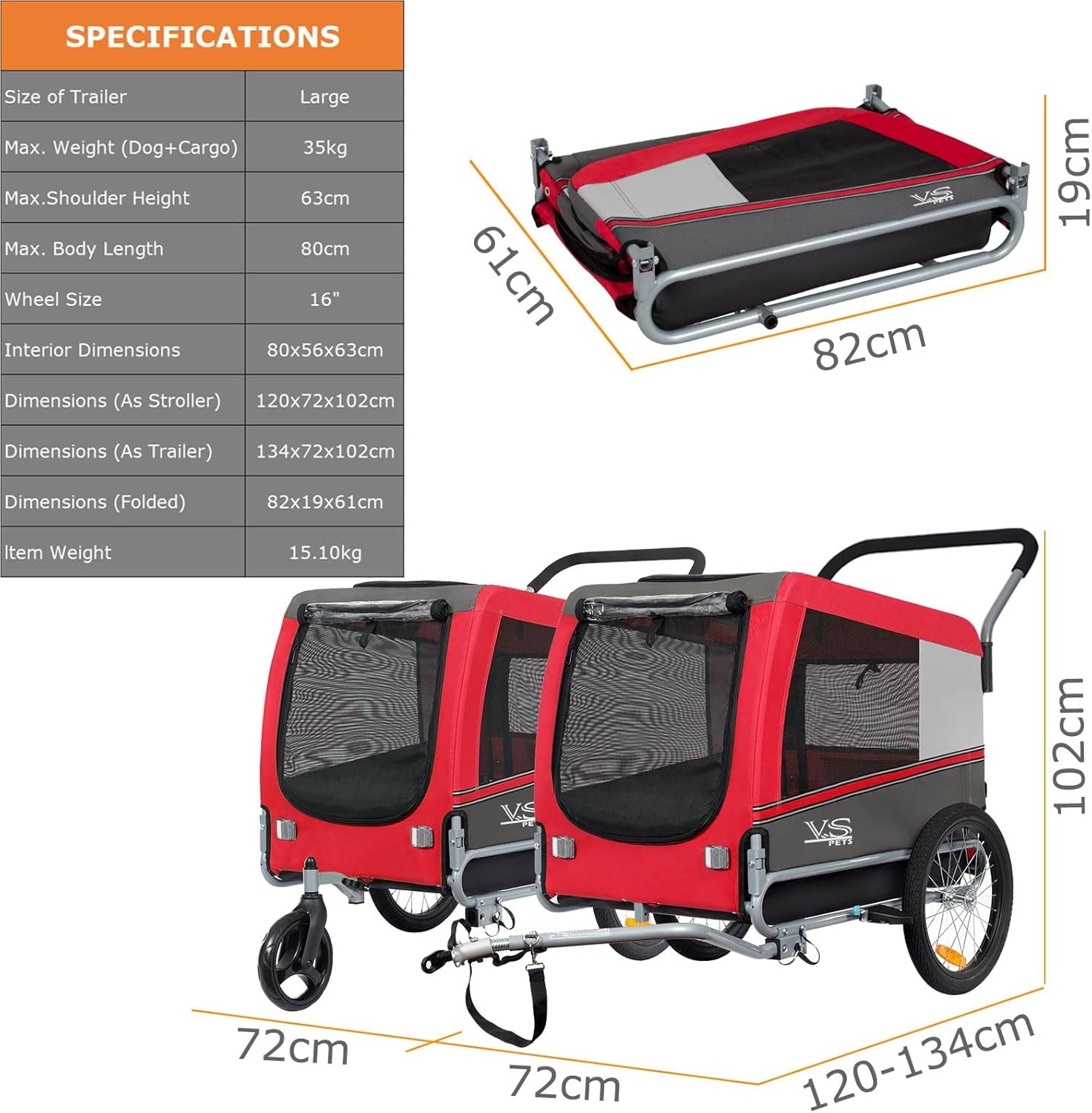 Tiggo  Sports Pets Large Dog Bike Trailer & Stroller for Medium,Large Dog or Multiple Small Dogs, Pet Stroller for Dogs up to 78 Lbs, Parking Brakes, Low Center of Gravity